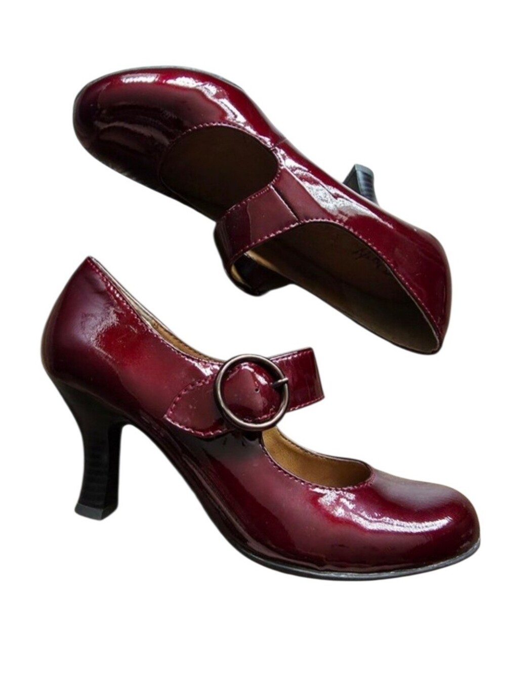 Patent Mary Jane Heels in Burgundy with Buckle Strap